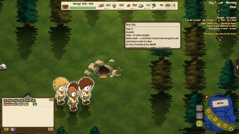 Three scouts at the mouth of a bear den, its card reading the odds of a raid.