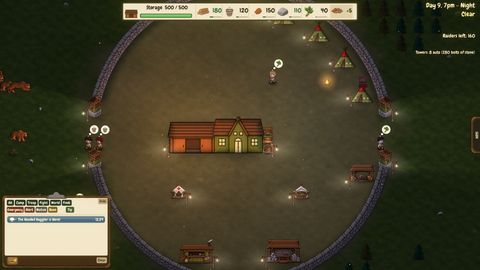 Dusk on a Forest map. The lamps are lit and the troop is inside the wall.