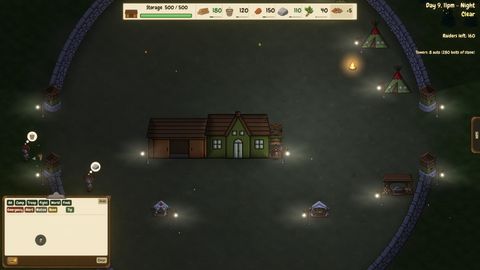 The same camp at 11 PM, lit by lamps and the campfire.